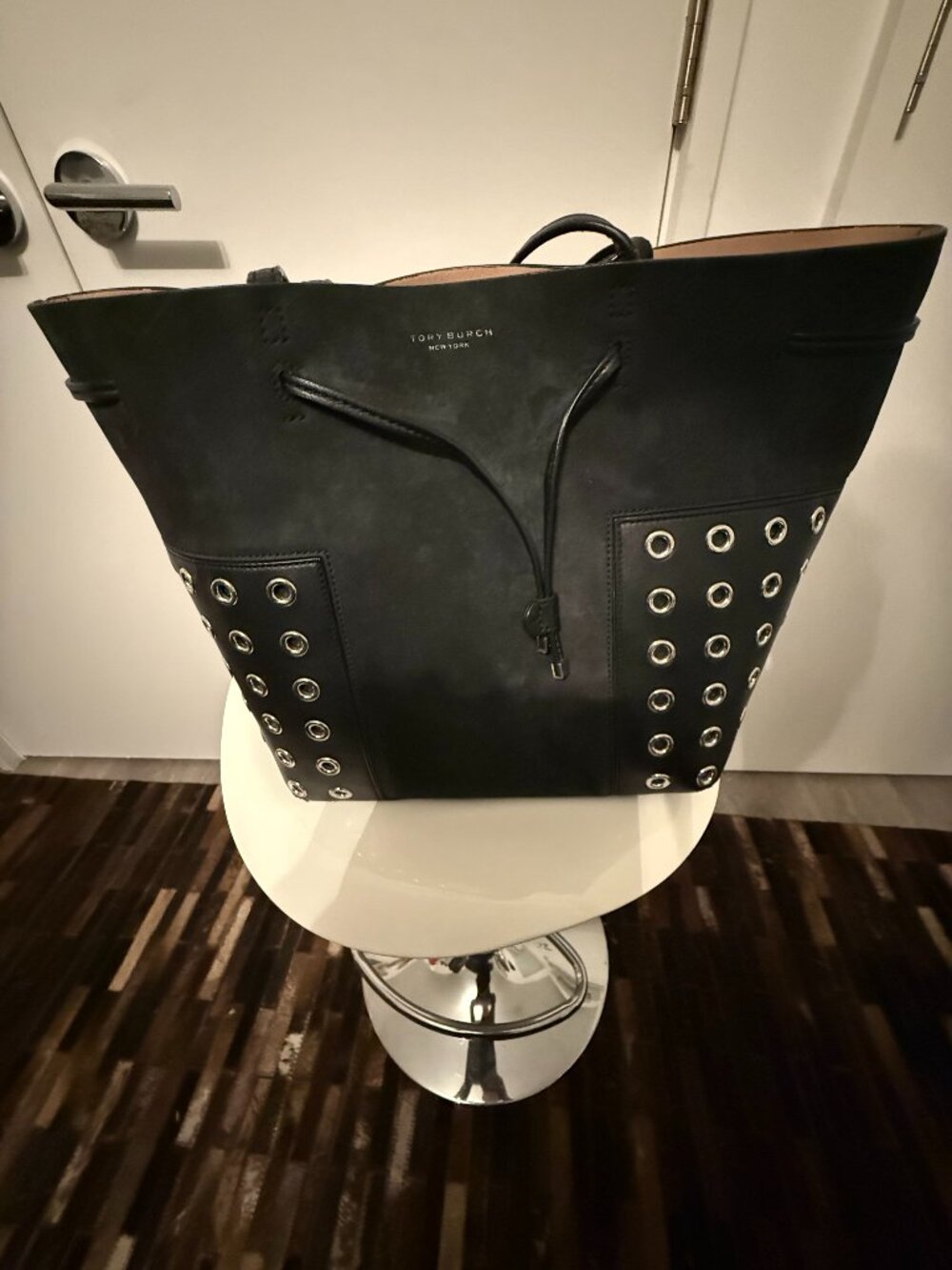 Tory Burch Black Suede Tote Bag with Silver Grommets